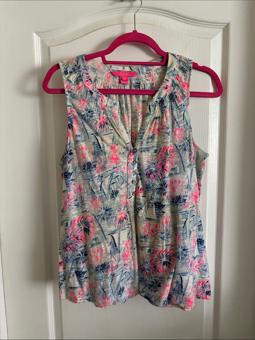 Lilly Pulitzer Sleeveless Floral Print Button Front Top - Pink & Blue Size M